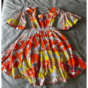 Chrisco Religious Graphic Print Bell Sleeve Fit and Flare Dress Orange Yellow